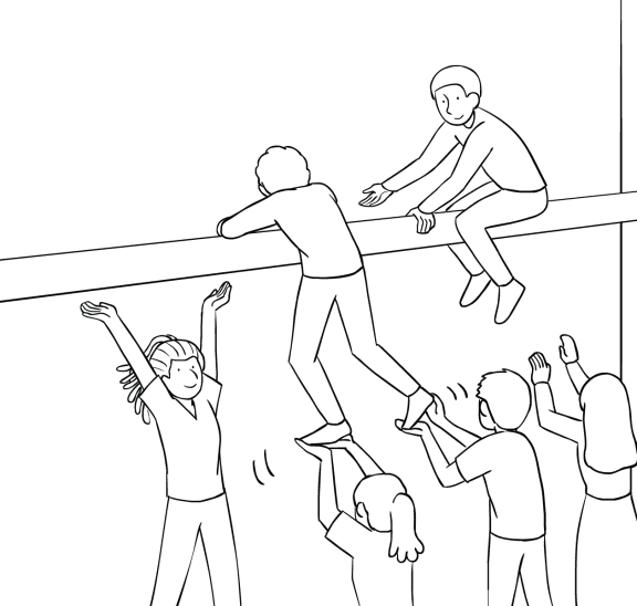 Illustration of group participating in The Beam challenging team activity