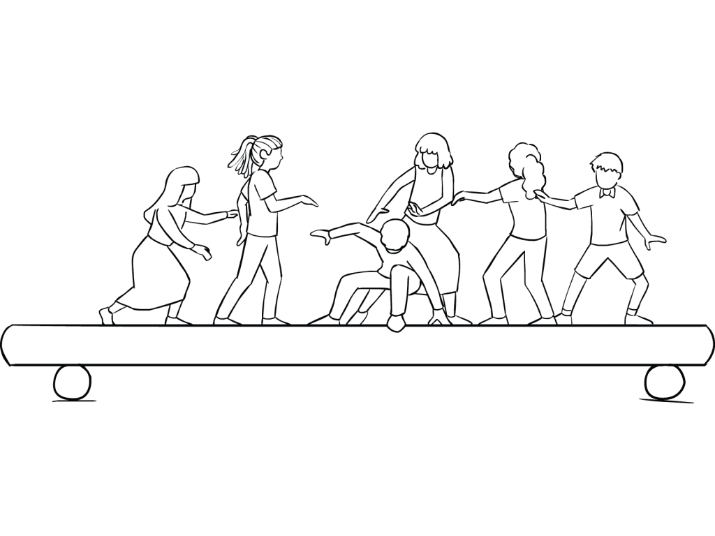 Illustration of group participating in TP Shuffle challenging group initiative