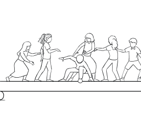 Illustration of group participating in TPO Shuffle team-building challenge course element