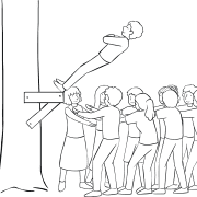 Illustration of group participating in Trust Fall challenge course element