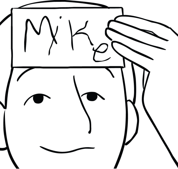 Man with index card on head playing fun name game Blind Name-Tag