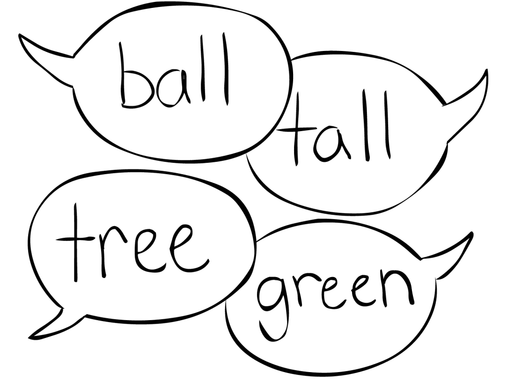 Four talkee bubbles with words as played in word association game Rhyme or Reason