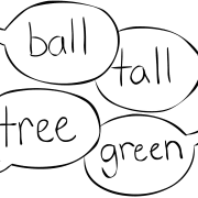 Four talkee bubbles with words as played in word association game Rhyme or Reason