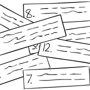 Twelve Bits of little strips of paper with numbers & words, representing fun team puzzle