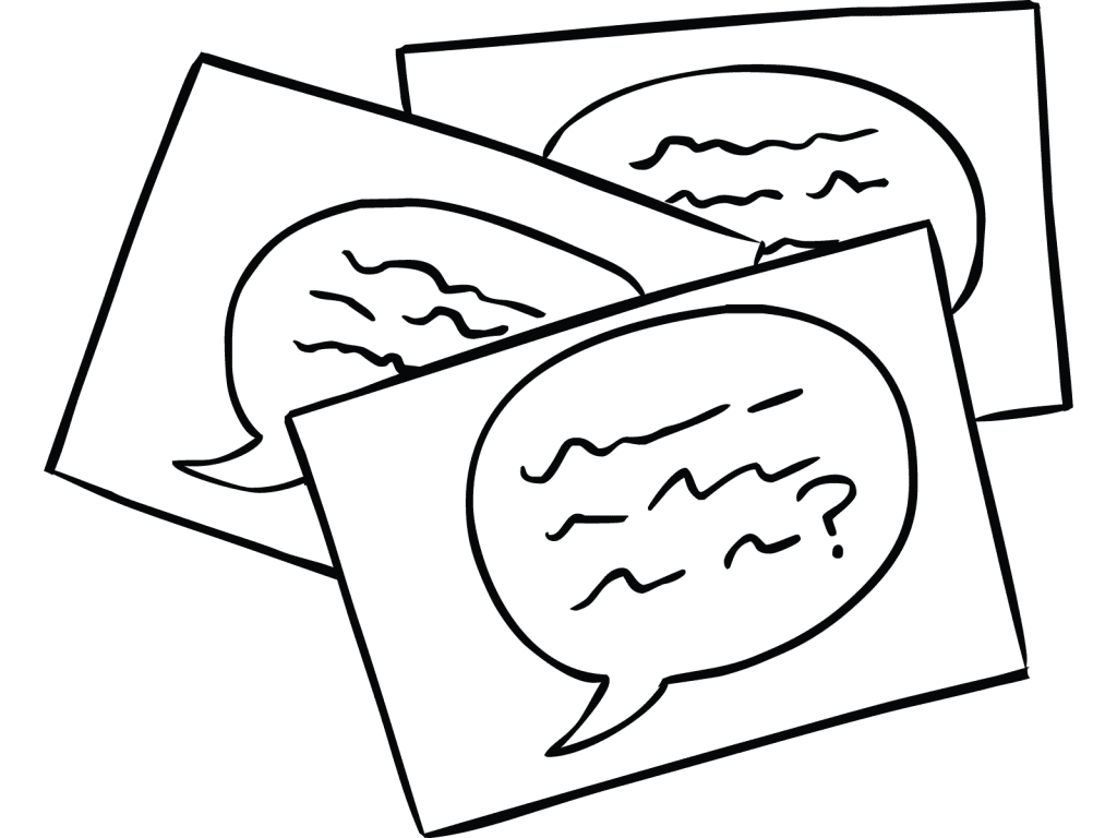 Three cards with talkee bubbles as used in daily icebreaker activity QOTD Question of the Day