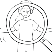 Illustration of magnifying glass looking at woman performing guided relaxation exercise Inner World Tour