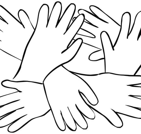 Creative team-building activity showing interlocking palms forming a palm tree