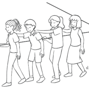 Four people blindfolded participating in blindfold team-building game Blind Maze