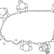 Birds eye view of group solving blind team activity Blind Polygon