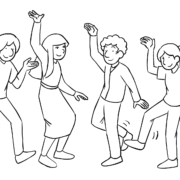 Four people playing funny group game Mrs O'Grady