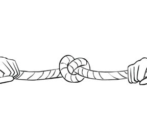 Two people holding a length of rope trying to tie an Overhand Knot