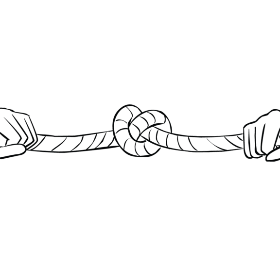 Two people holding a length of rope trying to tie an Overhand Knot collaborative problem-solving activity