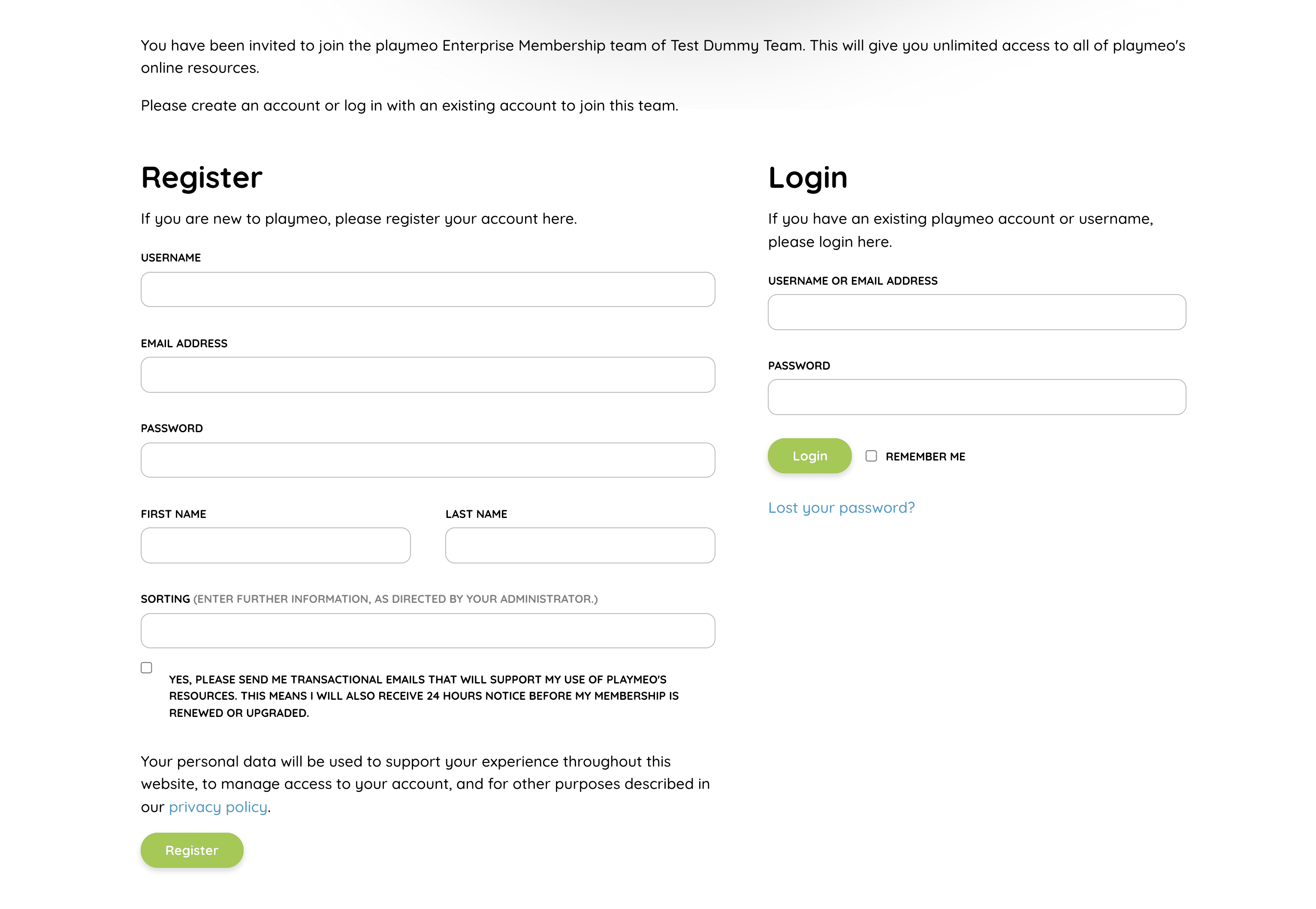 Enterprise Membership user Registration page