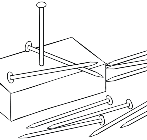 Set of nails on wooden block representing team puzzle challenge of Porcupine Progression