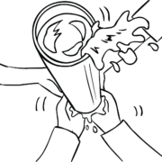 People holding onto base of pipe filled with water trying to turn it upside-down, a precision teamwork activity