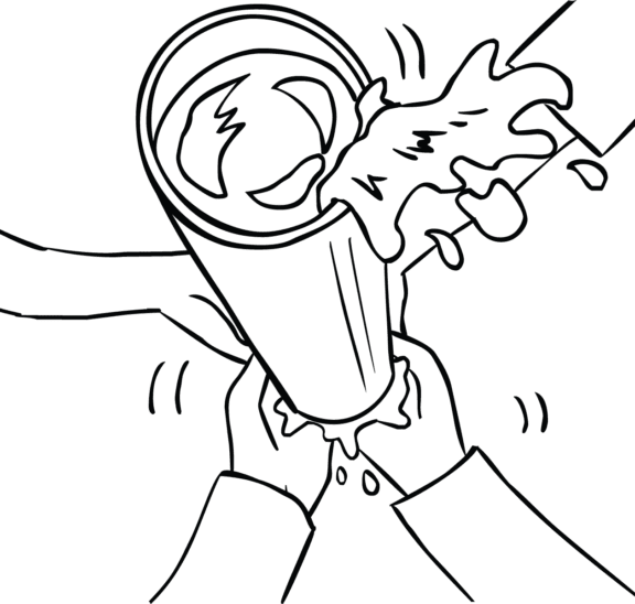 People holding onto base of pipe filled with water trying to turn it upside-down, a precision teamwork activity