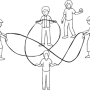 Group playing team problem-solving challenge Loop de Loop with a rope