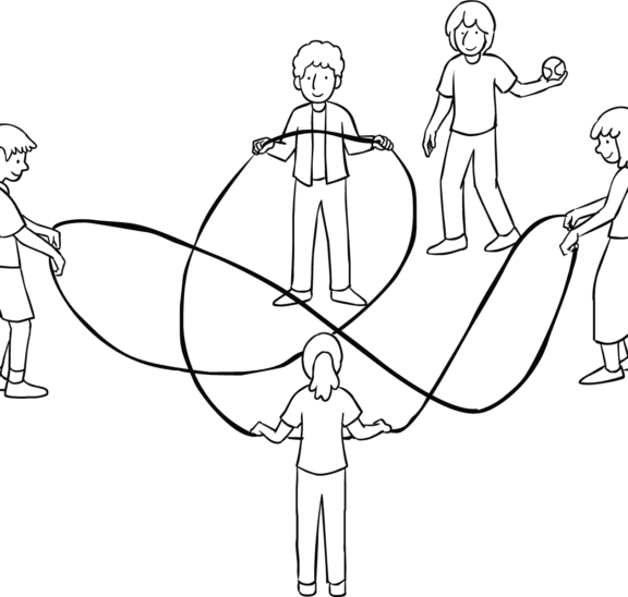 Group playing team problem-solving challenge Loop de Loop with a rope