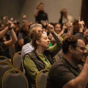 Different perspectives for woman playing Paradigm Shift