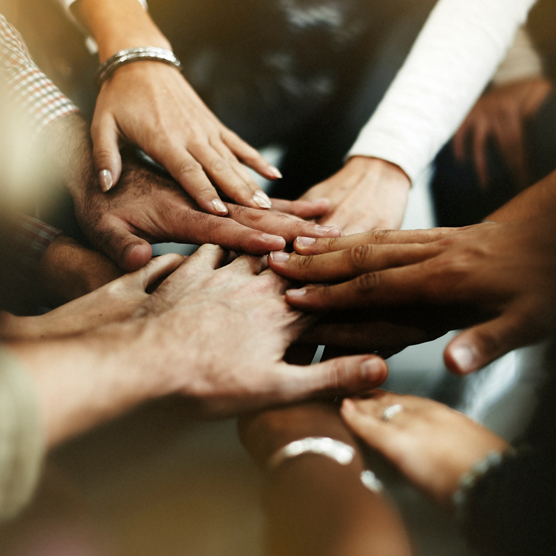 team building with multi-racial hands in centre of circle