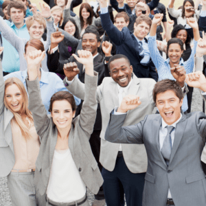 large group of adults cheering