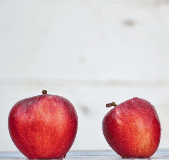 Two red apples prepared for back to school get-to-know-you games. Credit Fischer Twins