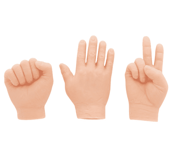 Three hands depicting rock-paper-scissors variation