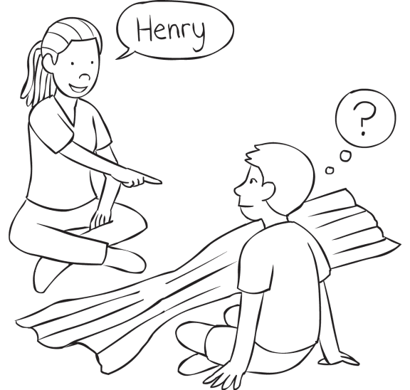 Two people sitting either side of a dropped blanket facing one another, playing quick name game Peek-A-Who