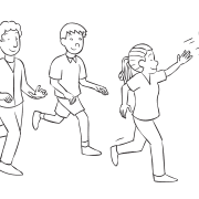 Three people running and hitting a beachball in the air, playing energizer, warm up games Striker