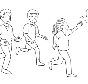 Three people running and hitting a beachball in the air, playing energizer, warm up games Striker