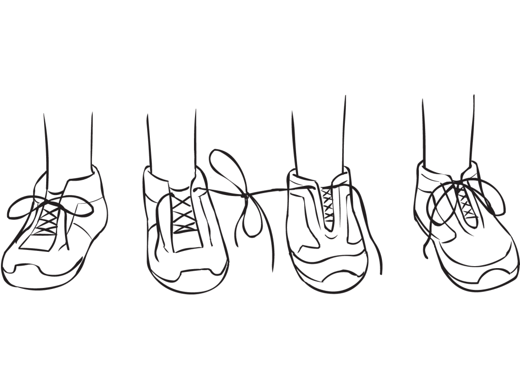 Two pairs of shoes with laces of two shoes tied together, as featured in fun partner get-to-know-you game called Tiny Teach