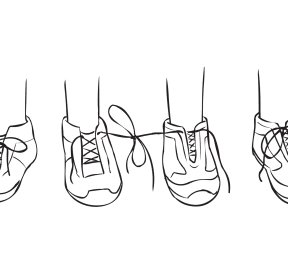 Two pairs of shoes with laces of two shoes tied together, as featured in fun partner get-to-know-you game called Tiny Teach