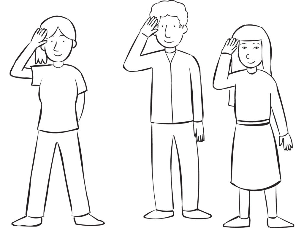 Three people using right hand to salute, as part of Shipwreck energiser game