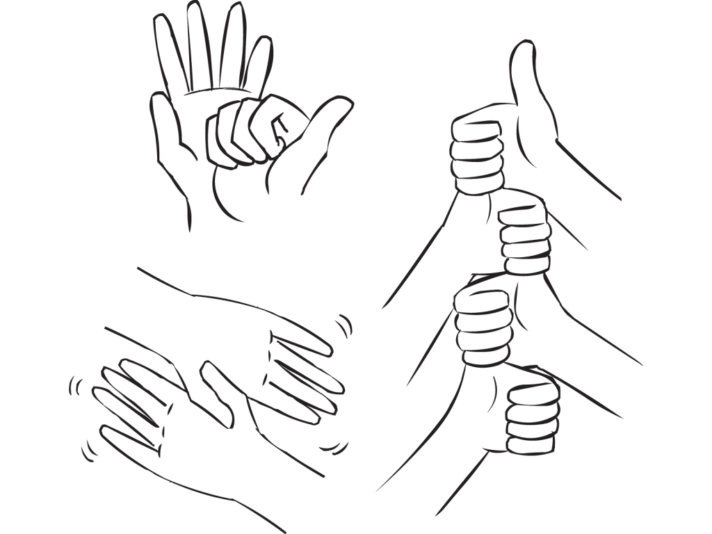 Three images of several hands involved in fun handshake greetings as part of Five Handshakes In Five Minutes ice-breaker