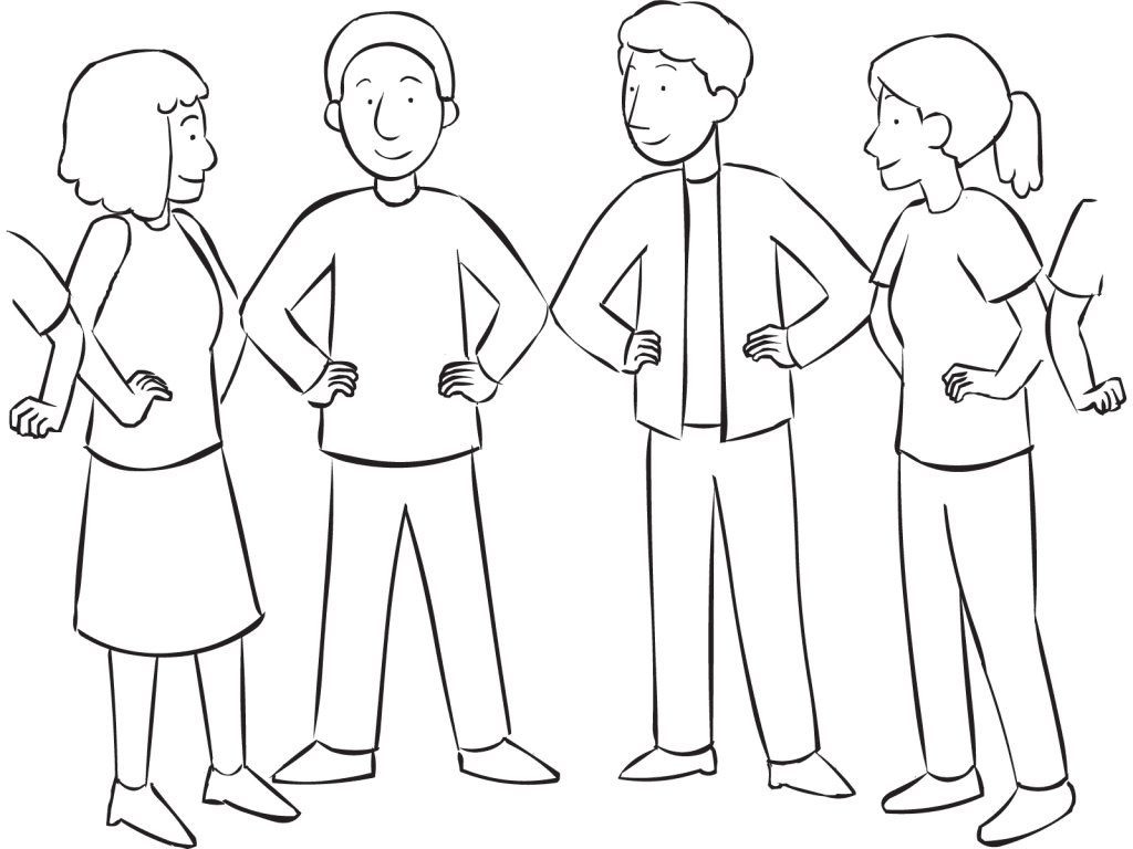 People forming tight circle by touching elbows with neighbours as part of quick circle-forming exercise called Velcro Circle