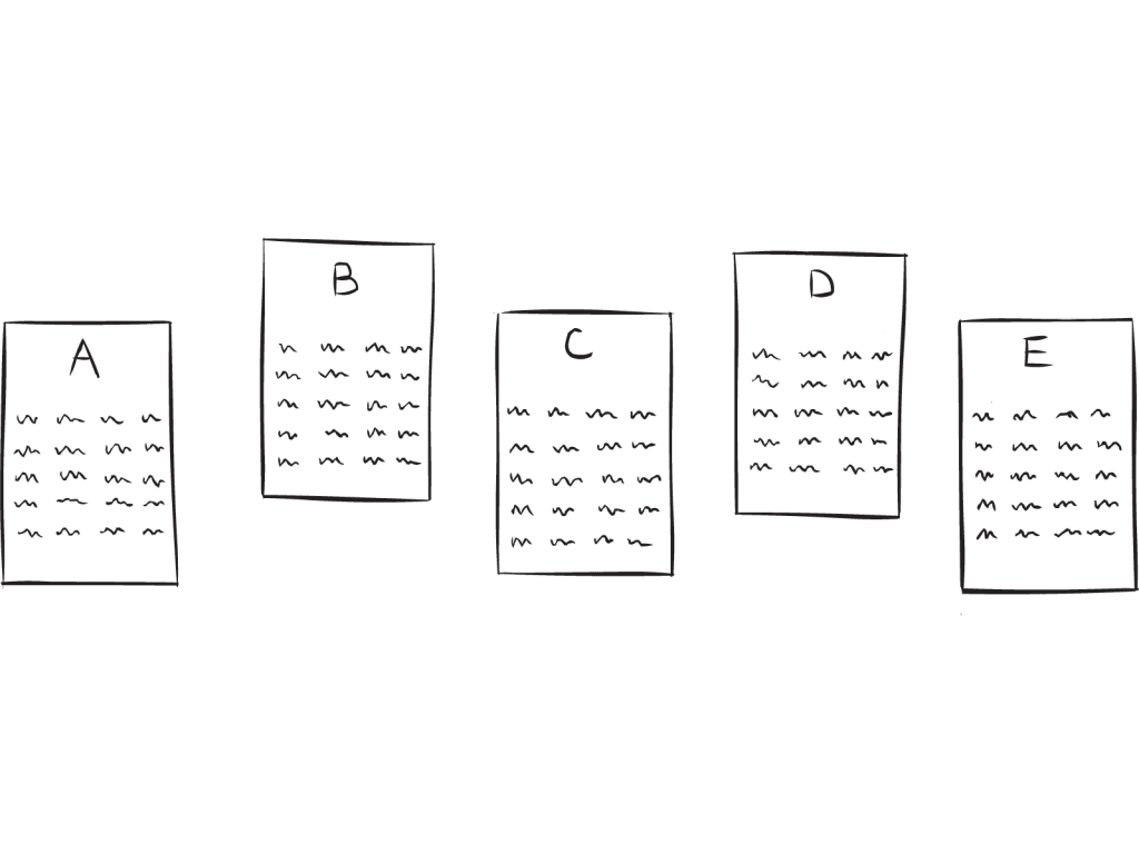 Five index cards with series of numbers printed on them, as used in Birthday Numbers team puzzle