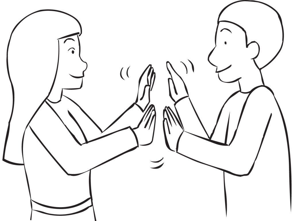 Two people clapping hands with each other as seen in Clap Trap energiser game