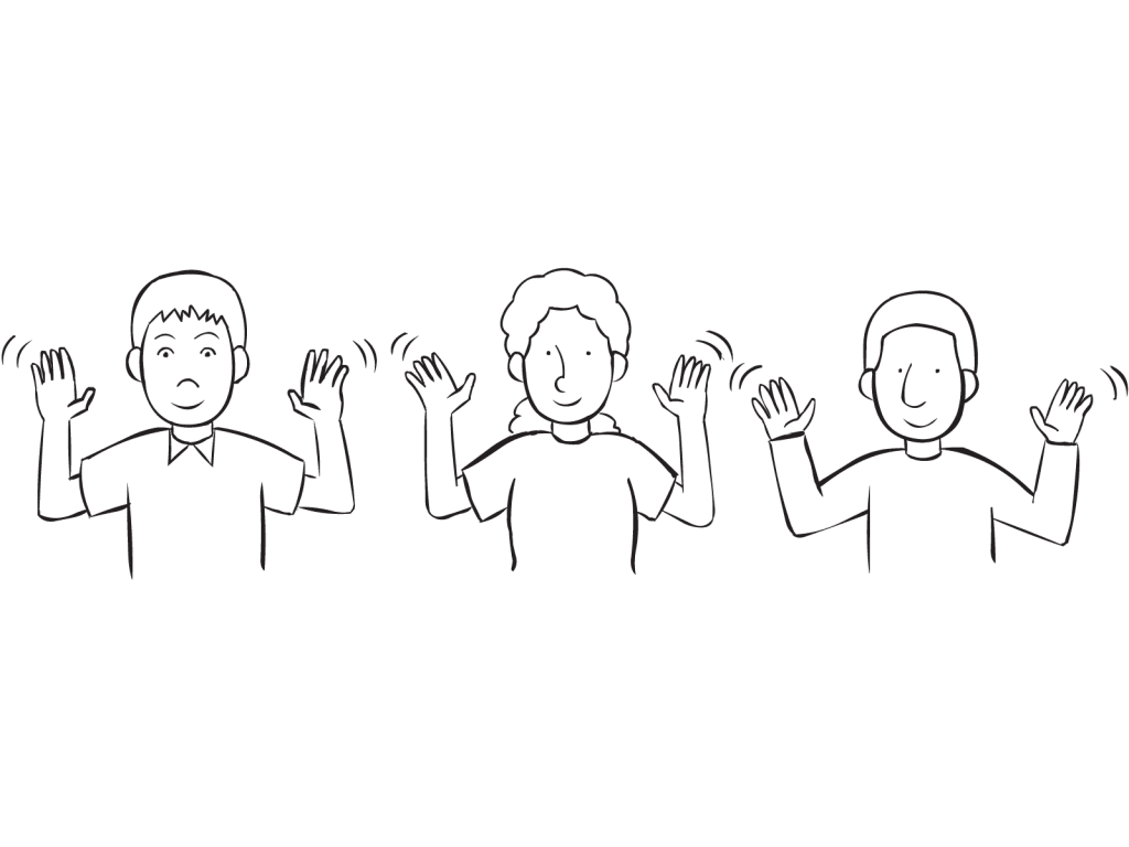 Three people imitating the same gesture with hands in the air, as seen in Negotiation team-building activity