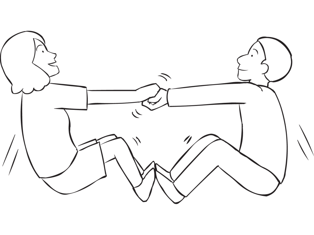 Two people holding hands trying to pull themselves off the ground in team-building exercise called Everybody Up