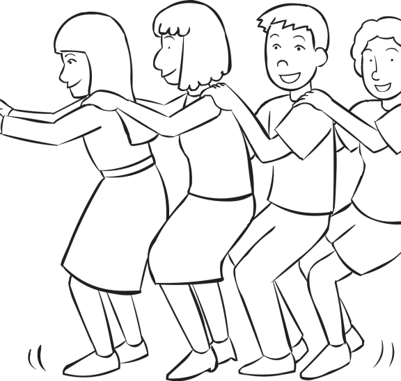 Four people in tight circle about to sit on each others laps, a team trust activity called Lap Circle