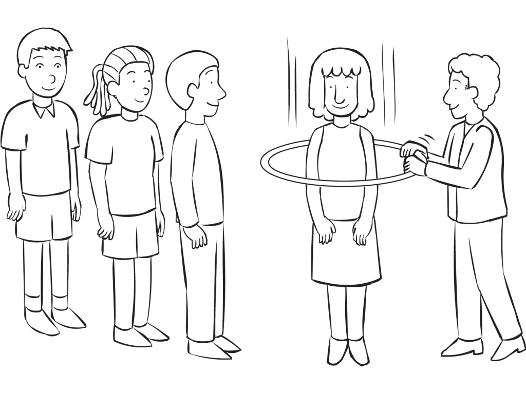 Man passing hula hoop over every person in small group, as seen in group initiative called Through The Wringer