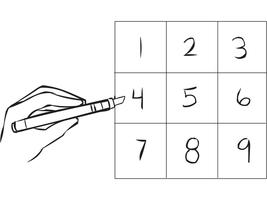 Large square with nine boxes with number 1 to 9 marked inside them, as used in Magic Nine Numbers team puzzle