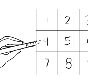 Large square with nine boxes with number 1 to 9 marked inside them, as used in Magic Nine Numbers team puzzle