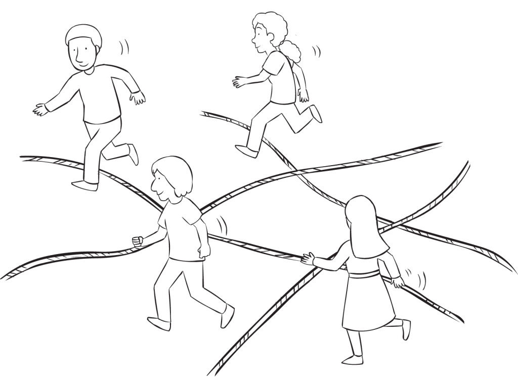 Group of people traversing an area of ropes laying on the ground, in team-building group initiative called Watch Your Step