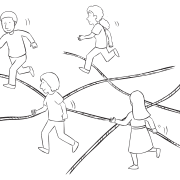 Group of people traversing an area of ropes laying on the ground, in team-building group initiative called Watch Your Step