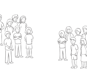 Two groups of people standing a distance apart, as the result of using a fun Getting Into Teams strategy