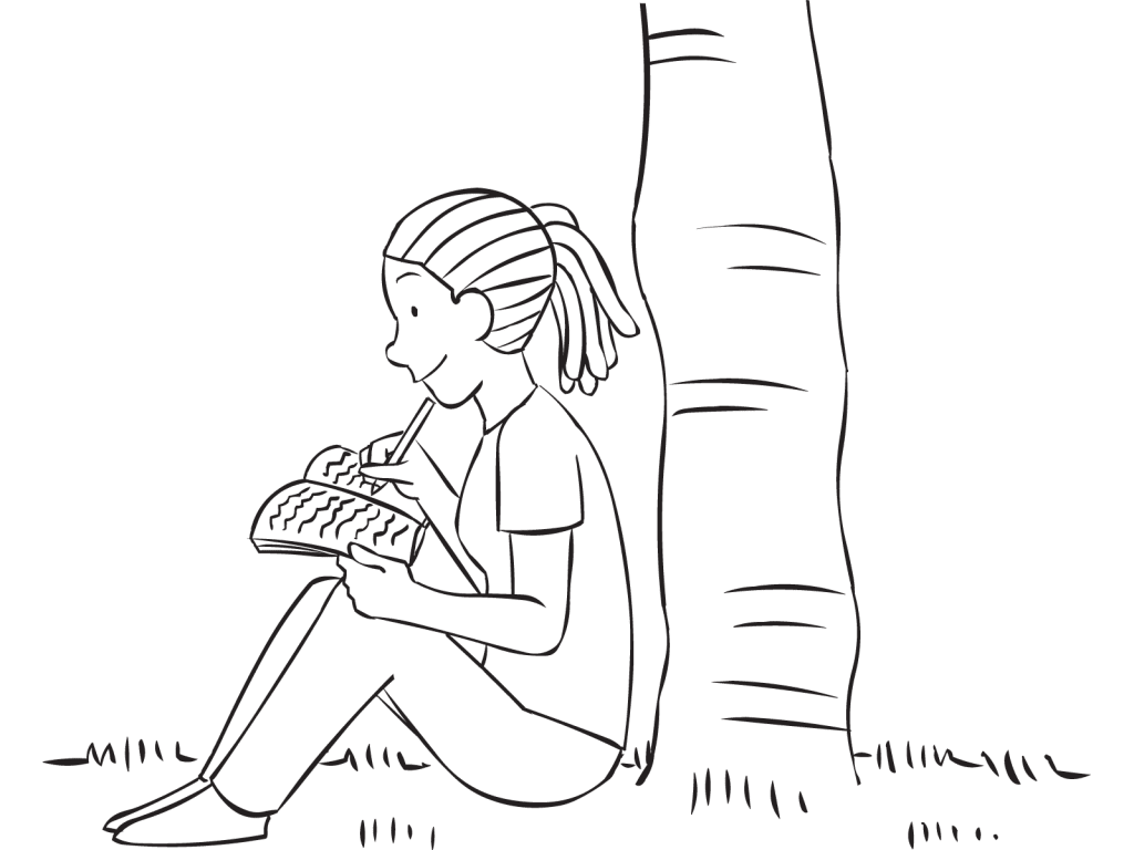 Woman sitting at base of tree writing notes as part of Journalling her reflection time