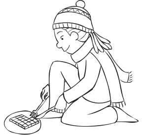 Girl wearing a beanie using a knife and fork in game of Chocolate Circle
