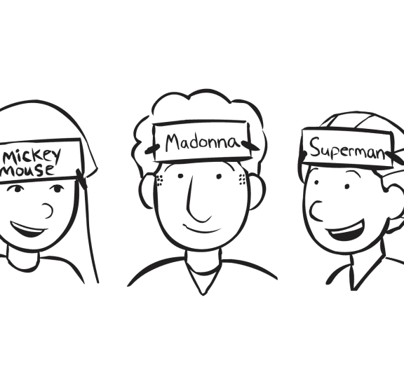 Three people with name of celebrities stuck to their heads in Celebrity Head a fun celebrity guessing game