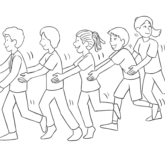 Line of people holding the hips of the person in front of them, as played in the energetic tag game Dragon Tail Tag